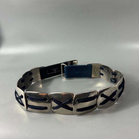 Suzi Roher Canada Blue Leather Silver-tone Metal Stretch Belt, Size Small - Picture 4 of 12